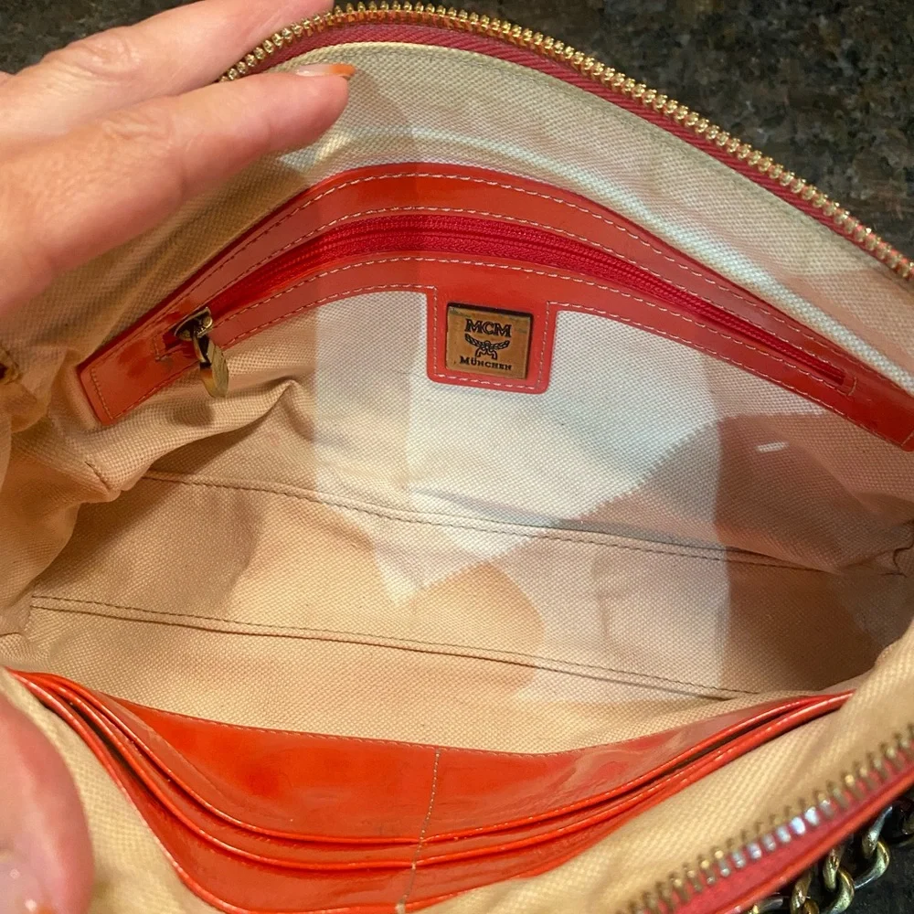 MCM Orange Leather Clutch with Chain Strap